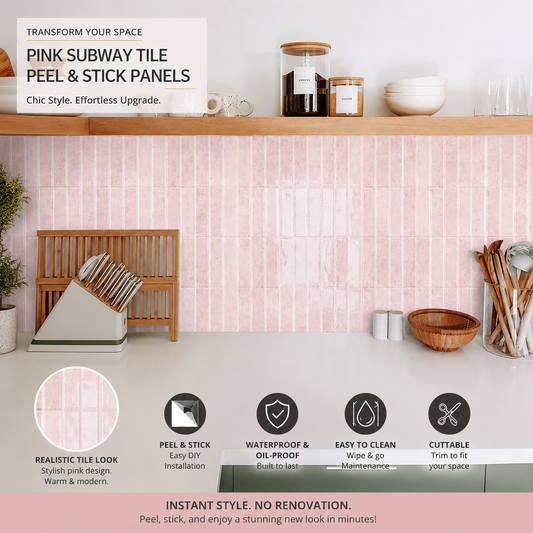 Kitchen with pink subway tile panels and product packaging for peel & stick panels.