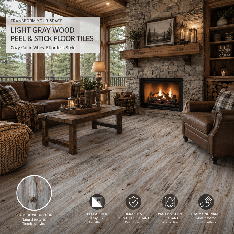 Wood-look peel and stick floor tiles in a living room