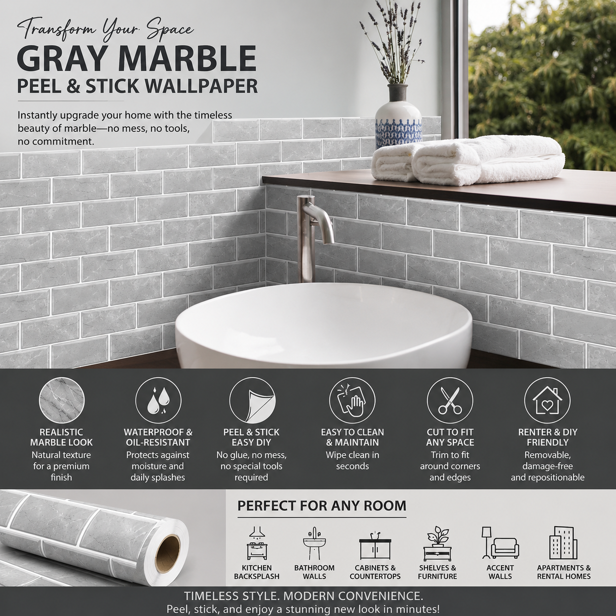 Gray marble peel and stick tiles in a bathroom