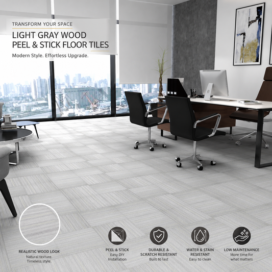 Modern office interior with light gray wood peel & stick floor tiles.