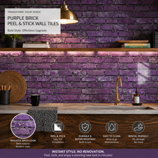 Purple brick peel and stick wall tiles on a kitchen wall with text and icons highlighting features.