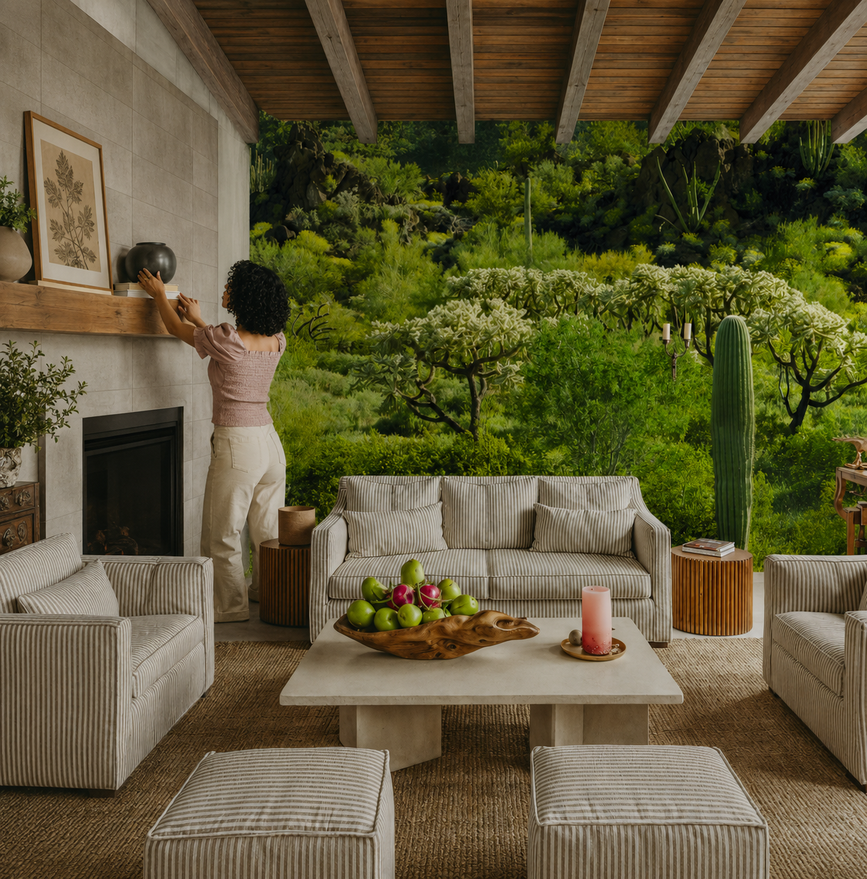 Woman arranging decor in a living room with a view of greenery